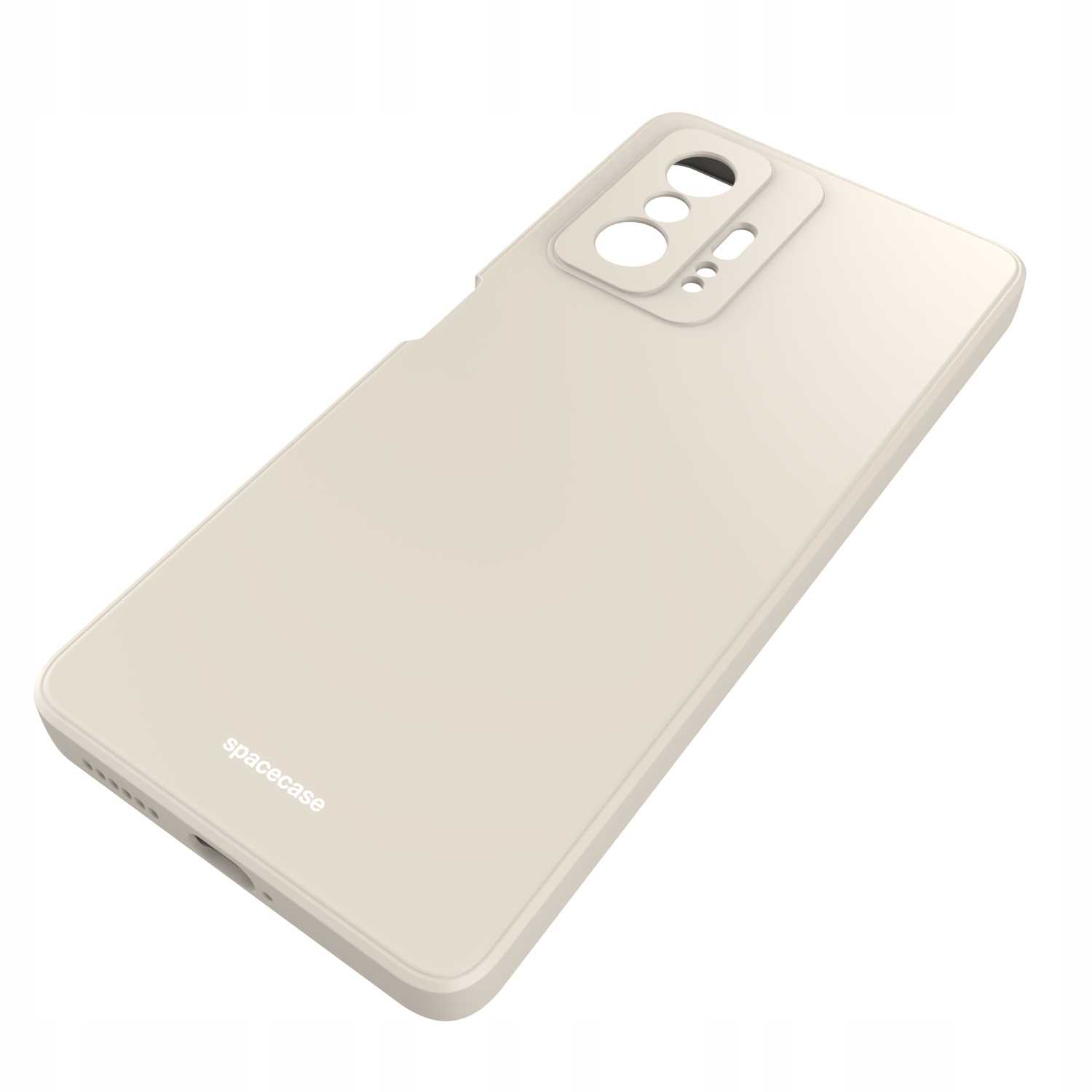 Etui na telefon w kolorze kości słoniowej, ustawione pod kątem, aby pokazać wycięcia na aparat, gładką powierzchnię i branding na białym tle.