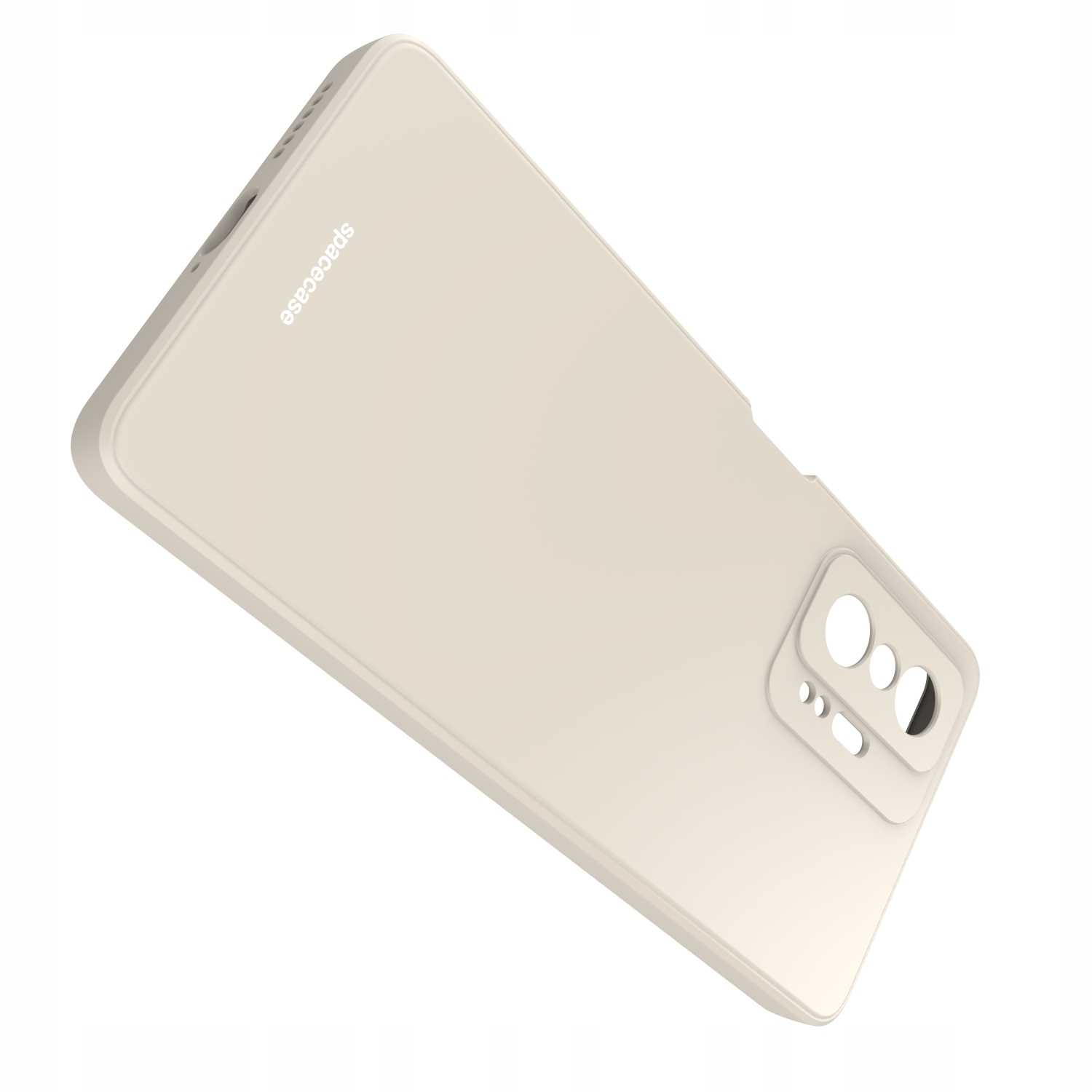 Ukośny widok jasnobeżowego etui na telefon z wycięciami na aparat, logo 'spacecase'. Prosty design.