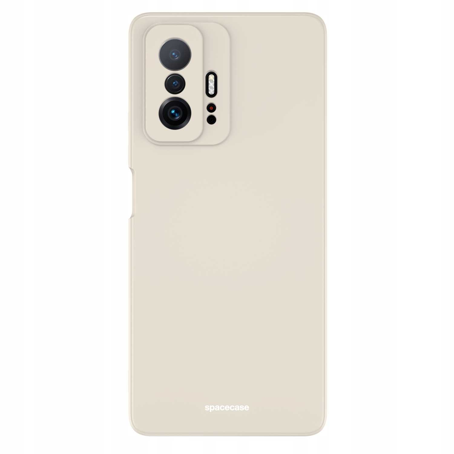 Beżowe etui na telefon z obiektywami aparatu i logo 'spacecase', prosty design. Widok z tyłu.