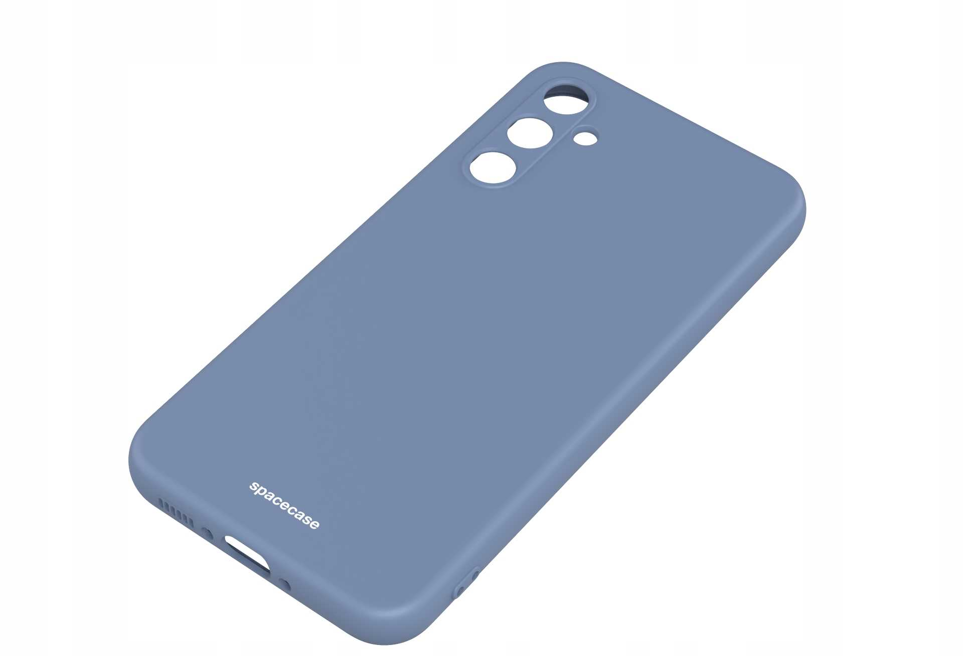 Niebieskie etui na telefon pokazane pod kątem. Logo 'spacecase' jest widoczne w pobliżu dołu.