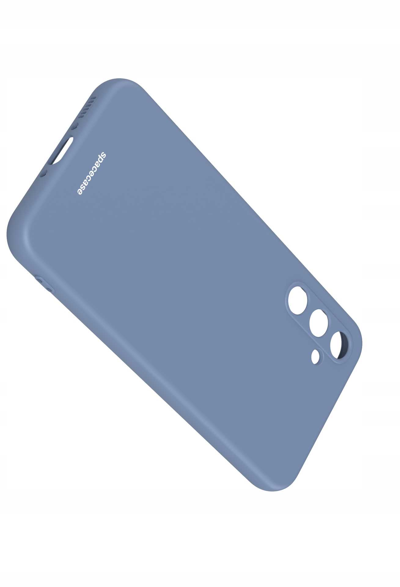 Ukośny widok niebieskiego etui na telefon z wycięciami na aparat i logo 'spacecase'.