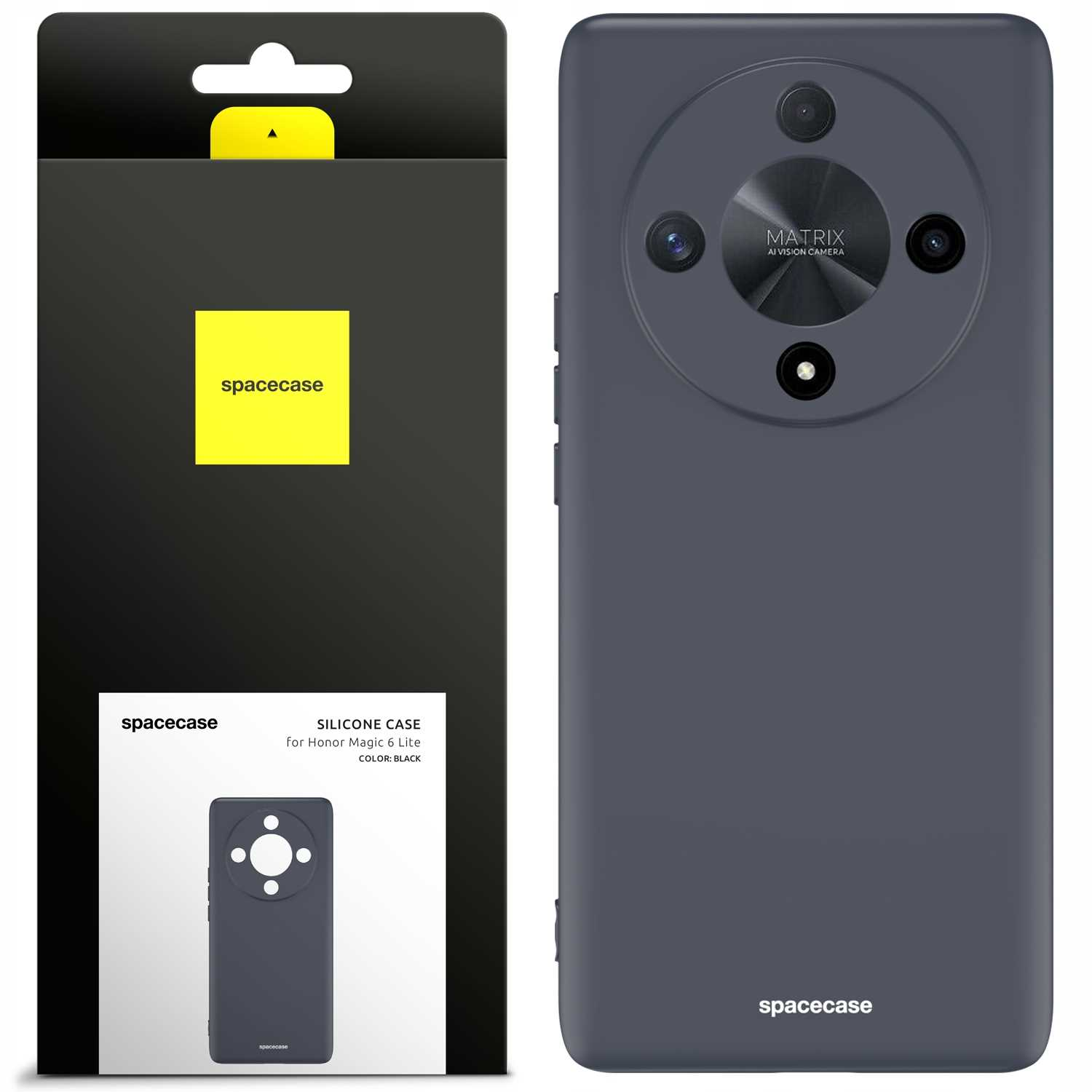 Ciemnoszare etui na telefon z okrągłym układem aparatu, obok opakowania. Minimalistyczny design.