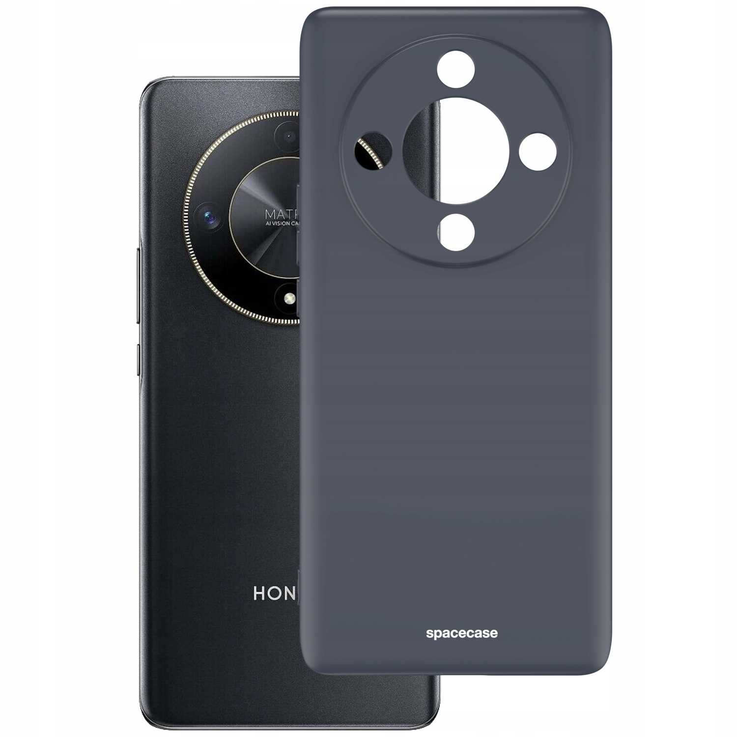 Ciemnoszare etui na telefon z wycięciami na aparat obok telefonu. Minimalistyczny design.
