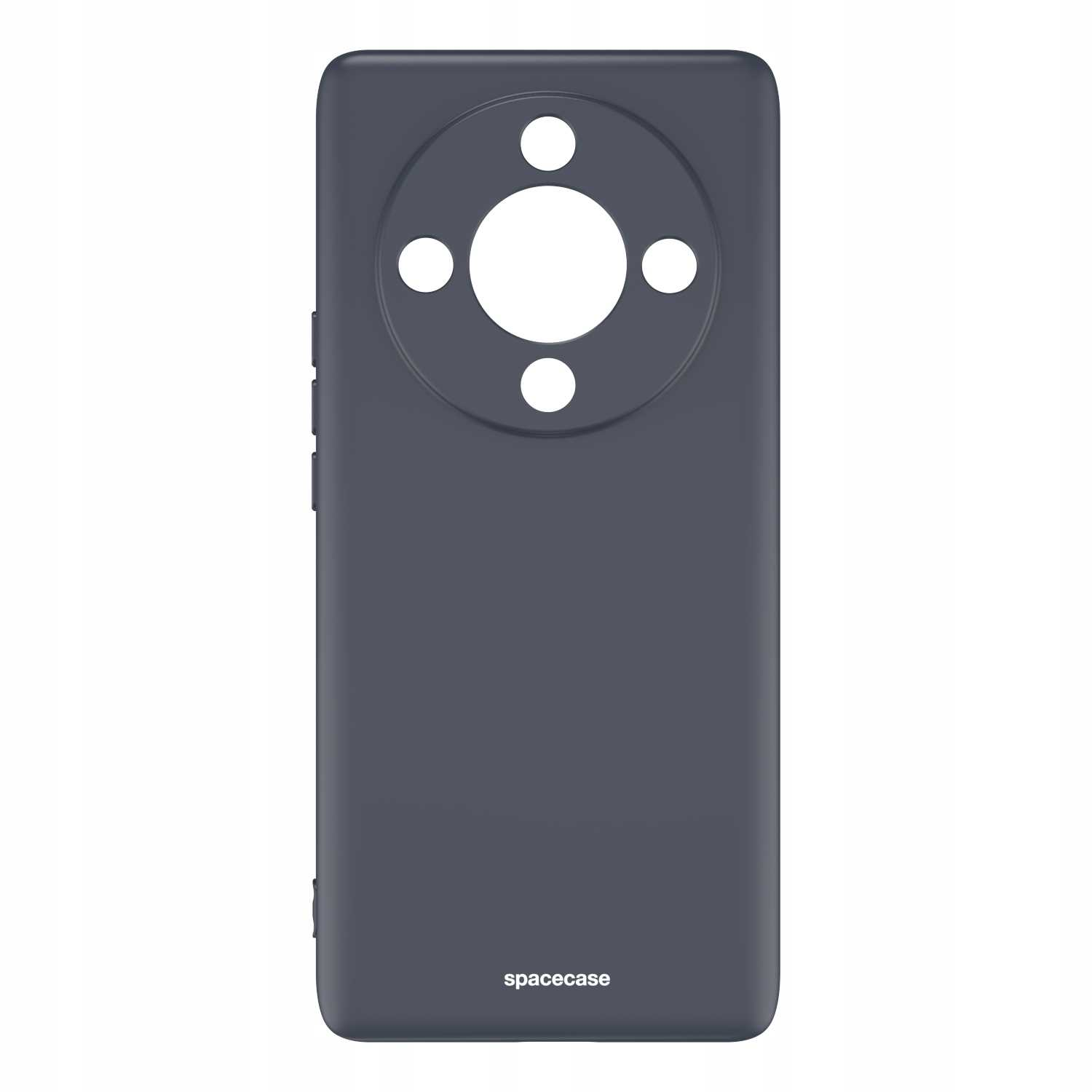 Ciemnoszare etui na telefon z okrągłymi wycięciami na aparat. Logo 'spacecase' na dole.