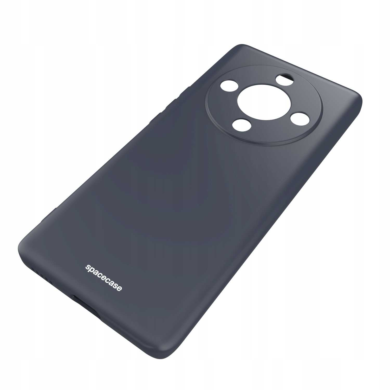 Kątowe ciemnoszare etui na telefon z okrągłymi wycięciami na aparat. Logo 'spacecase'.