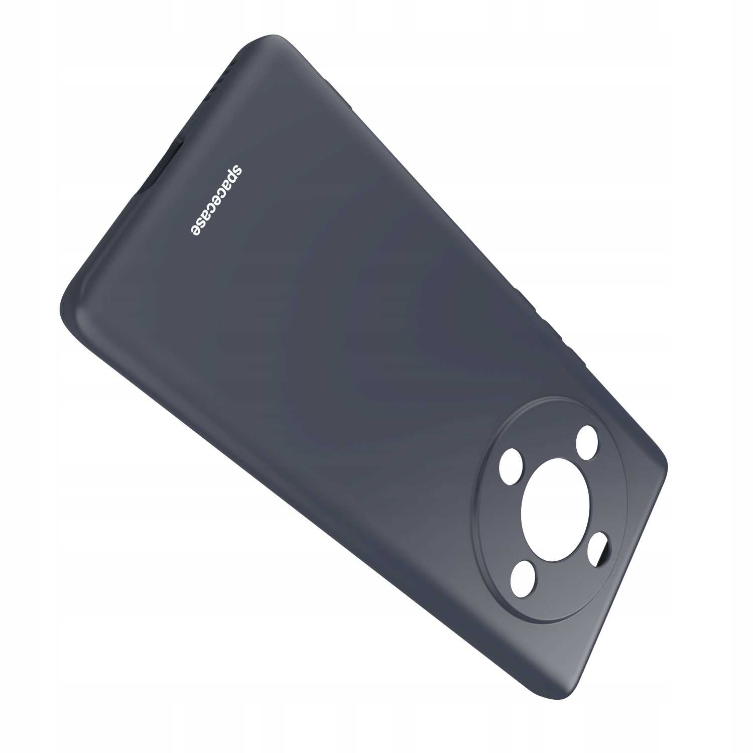 Kątowe ciemnoszare etui na telefon. Okrągłe wycięcia na aparat i logo 'spacecase'.