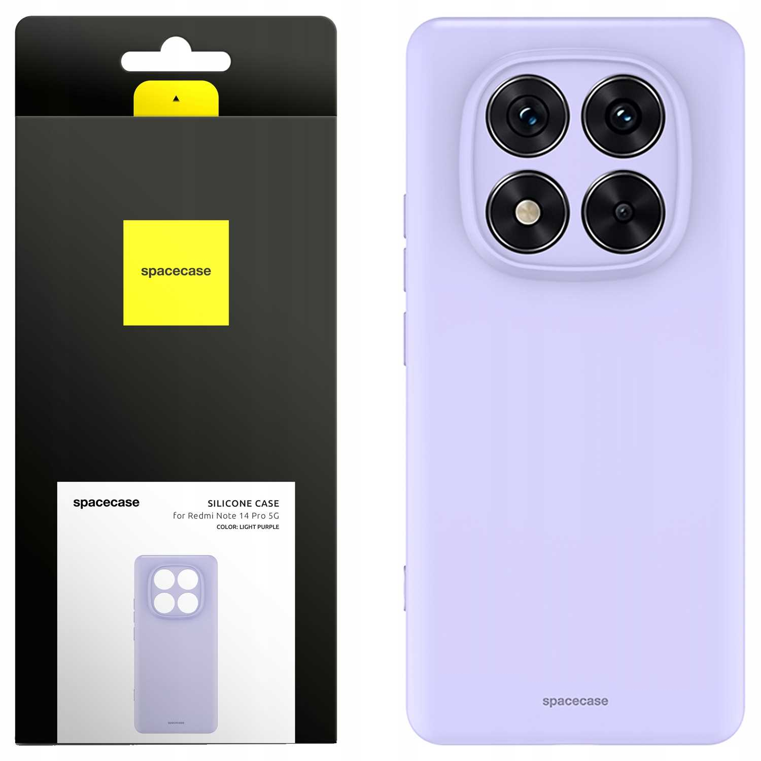 Jasnofioletowe etui na telefon z czterema okrągłymi wycięciami na aparat, wraz z opakowaniem.