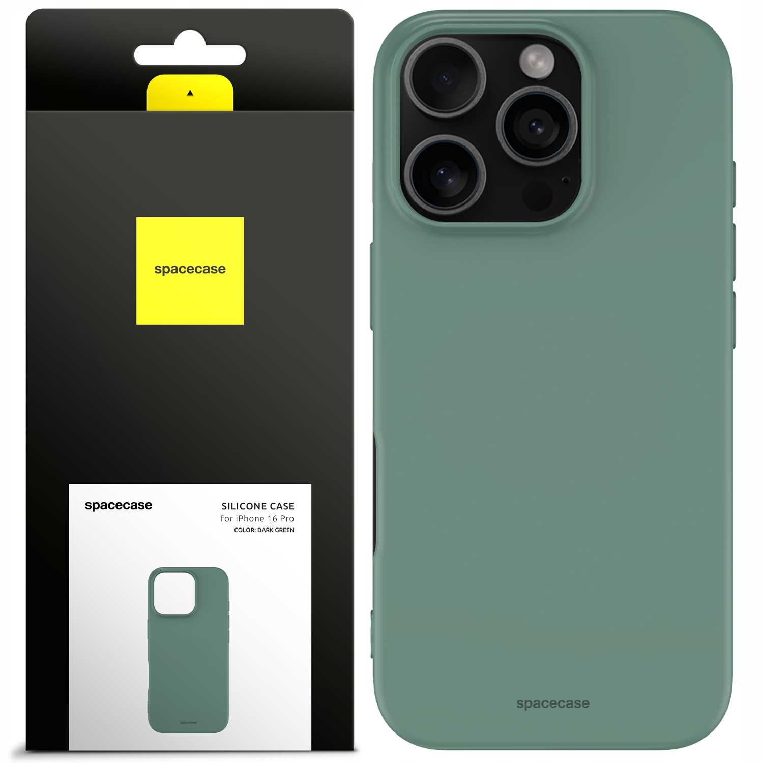 Ciemnozielone etui na telefon obok opakowania, z wycięciami na aparat i logo 'spacecase'.