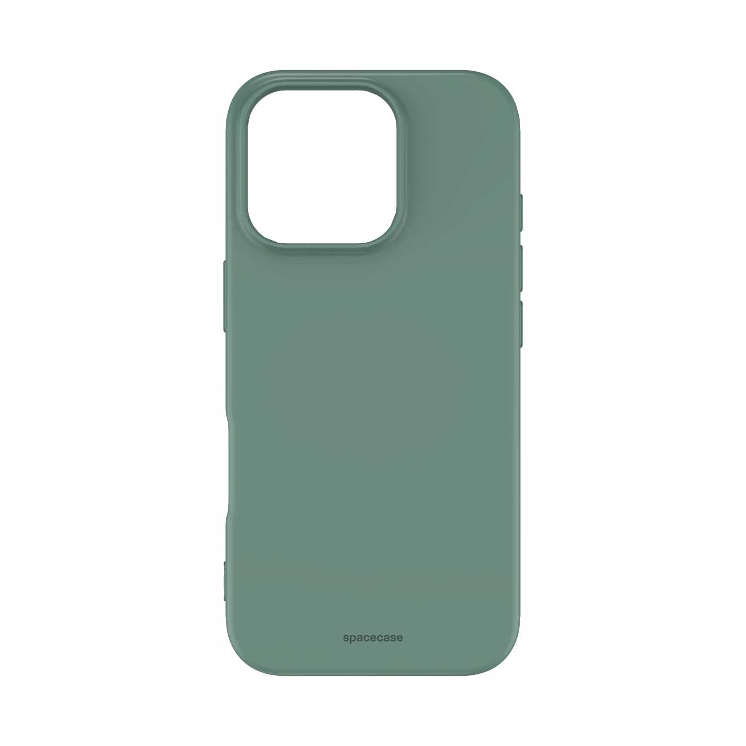 Pokazano ciemnozielone etui na telefon z wycięciem na aparat i logo 'spacecase' na dole.