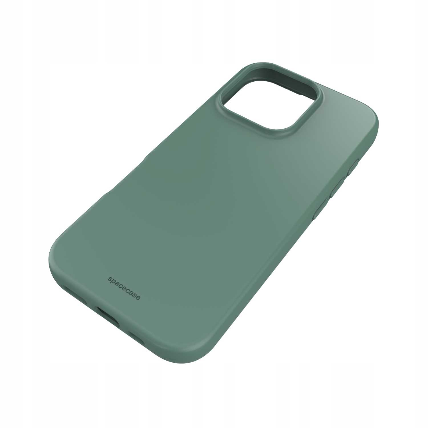 Ukośny widok ciemnozielonego etui na telefon z wycięciem na aparat i logo 'spacecase'.