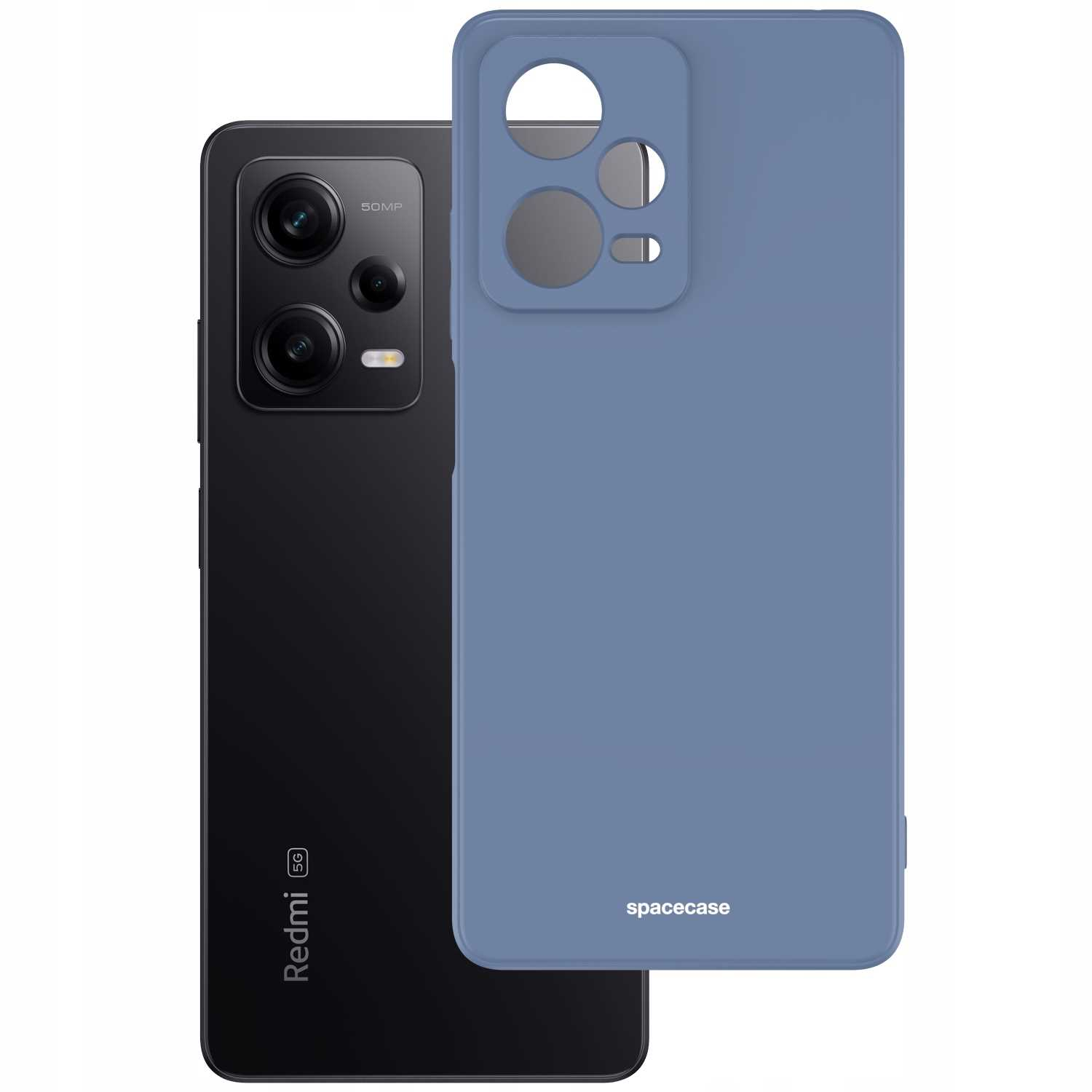 Czarny telefon obok niebieskiego etui na telefon. Na etui znajdują się wycięcia na aparat i napis „spacecase”.
