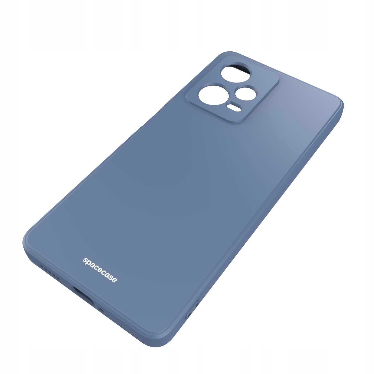 Niebieskie etui na telefon pokazuje wycięcia na aparat i logo „spacecase”. Leży na białej powierzchni.