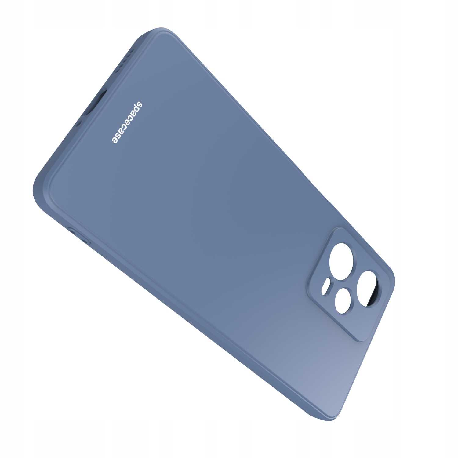 Niebieskie etui na telefon pokazuje wycięcia na aparat i logo „spacecase”. Leży na białej powierzchni.