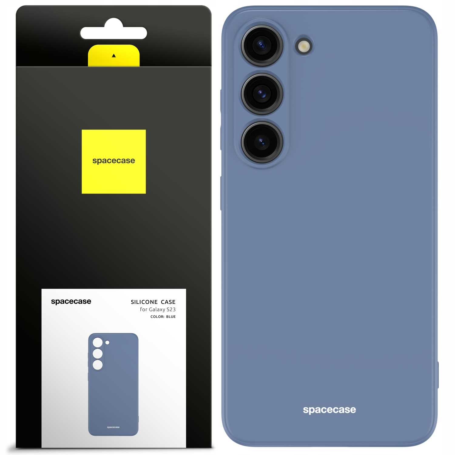 Niebieskie etui na telefon obok czarnego pudełka z żółtym logo „spacecase”. „spacecase” nadrukowane na etui.