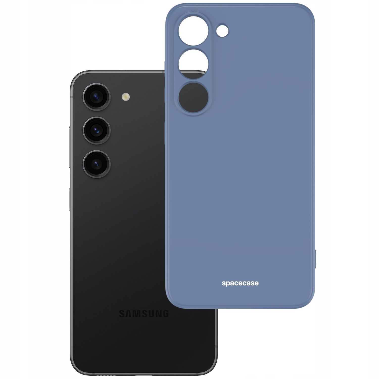 Czarny telefon obok niebieskiego etui. Marka „spacecase” jest nadrukowana na etui.