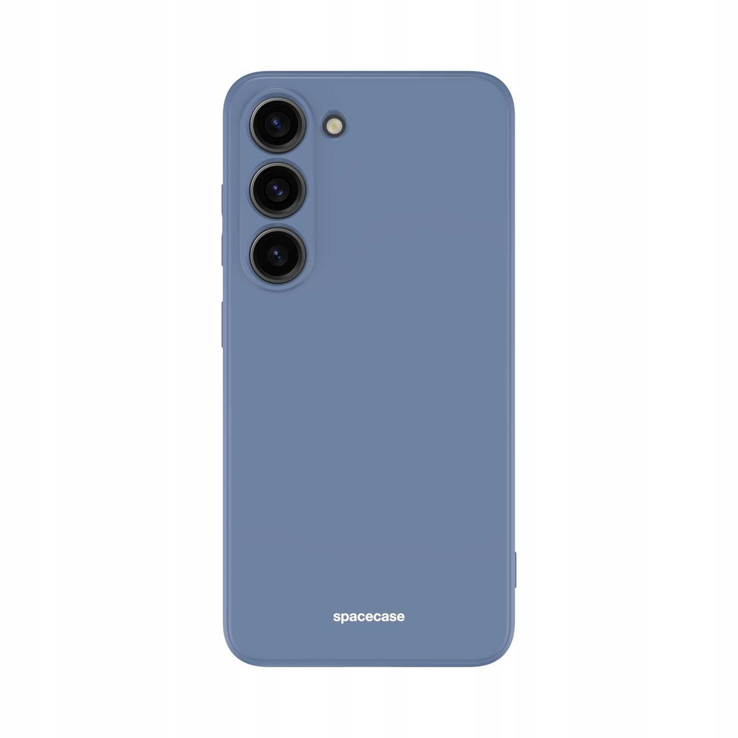 Jasnoniebieskie etui na telefon z obiektywami aparatu i logo „spacecase” na białym tle.