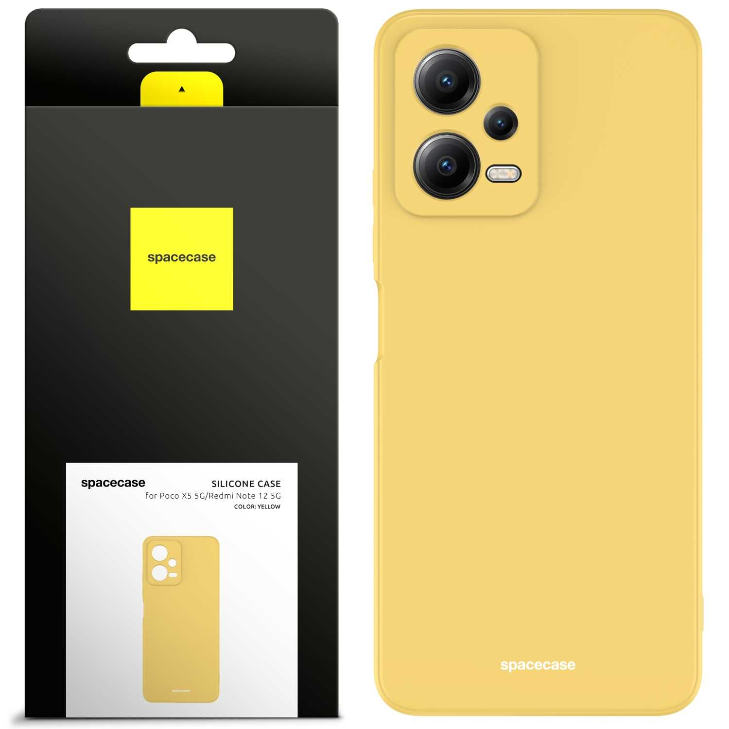 Żółta obudowa telefonu z opakowaniem pokazującym szczegóły produktu i marki, widoczny „spacecase”.