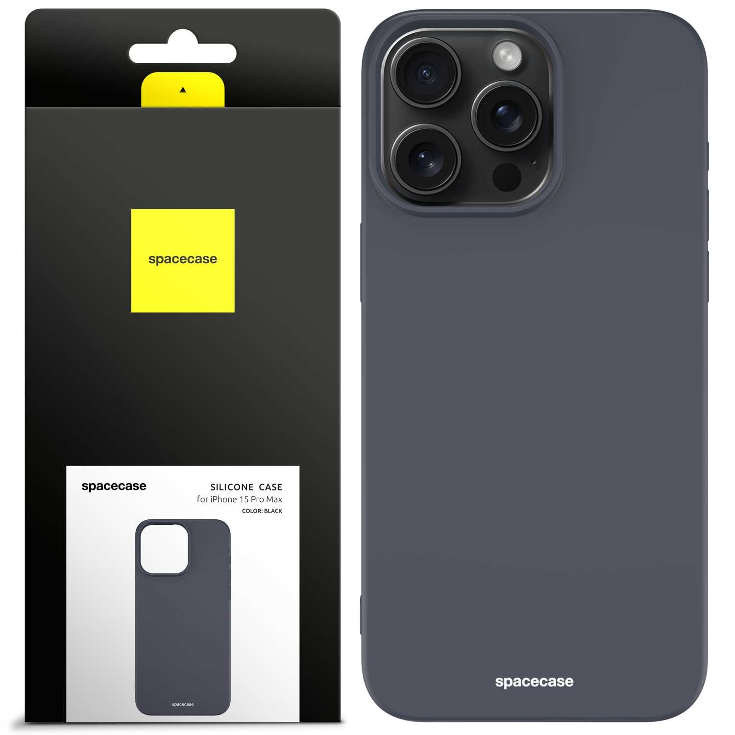 Czarne etui na telefon w opakowaniu i osobno, prezentujące konfigurację aparatu i markę Spacecase na białym tle.
