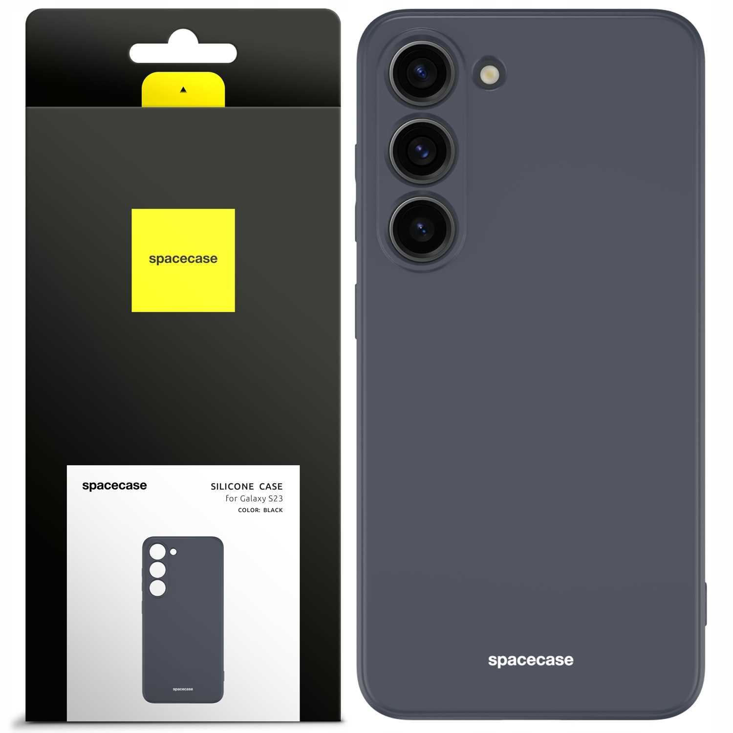 Obraz przedstawia czarne etui na telefon z opakowaniem. Etui jest przeznaczone do Galaxy S23.