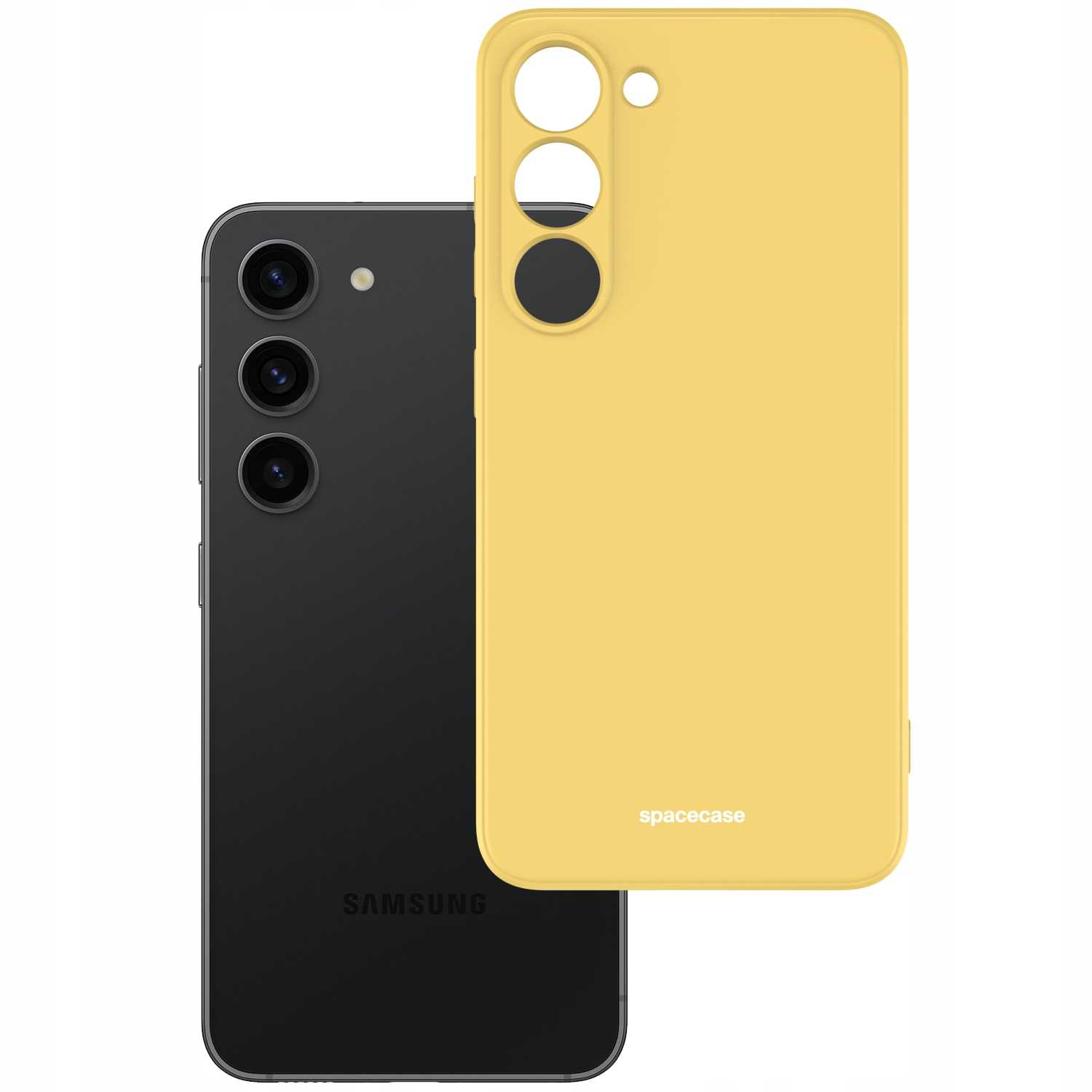 Żółte etui na telefon i telefon są wyświetlane na białym tle. Etui znajduje się po prawej stronie.