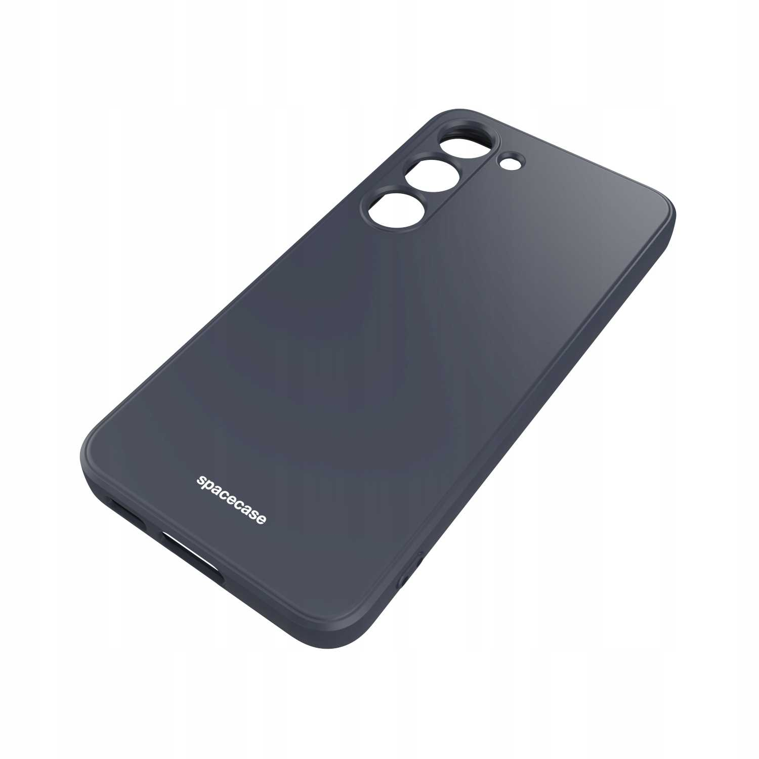 Szare etui na telefon z logo „spacecase”, ustawione pod kątem na białej powierzchni, widoczne otwory na aparat.