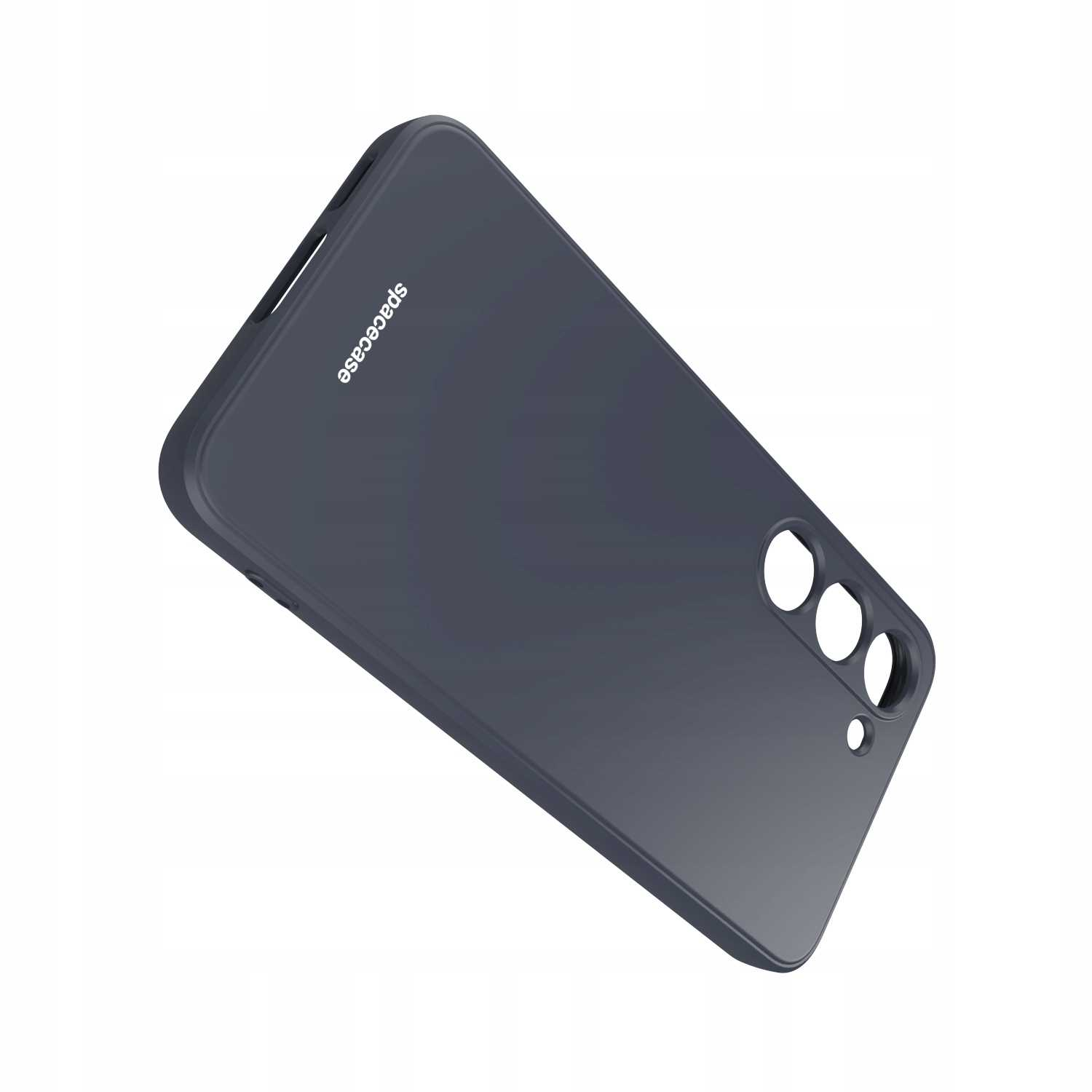 Ciemnoszare etui na telefon z logo „spacecase”, ustawione pod kątem, z widocznymi otworami na aparat na białej powierzchni.