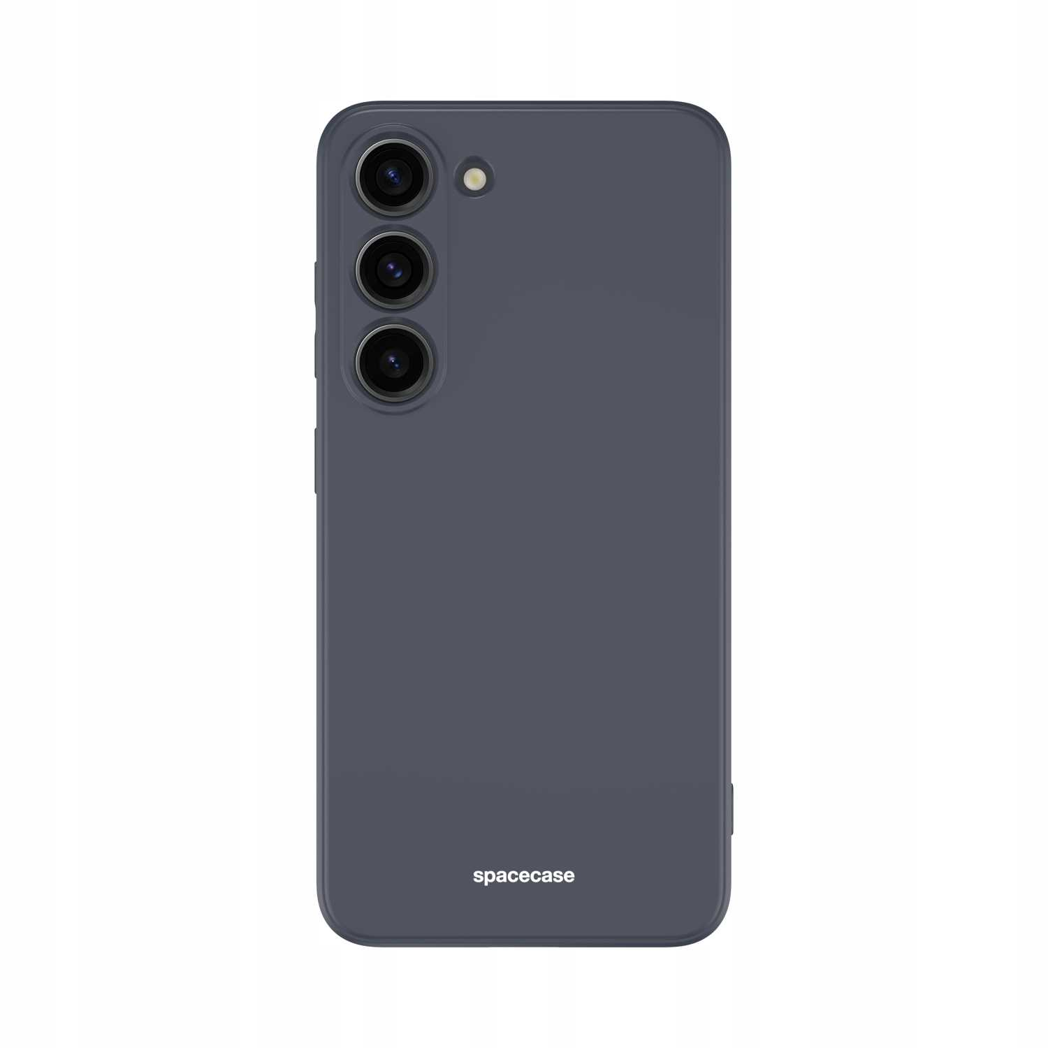Szare etui na telefon z logo „spacecase”, soczewki aparatu u góry, wyśrodkowane na białym tle.