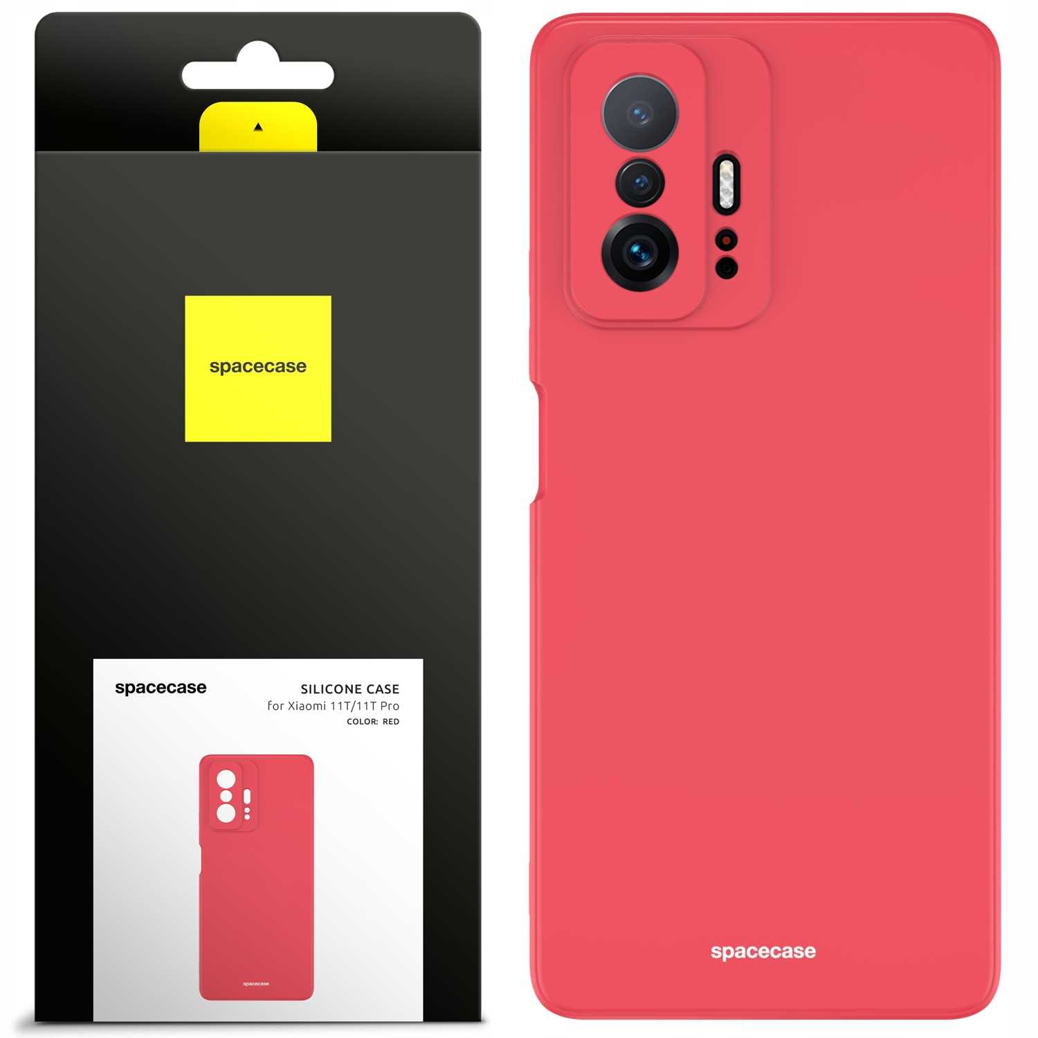 Czerwone etui na telefon z wycięciami na aparat wyświetlane obok opakowania. Na obu nadrukowano napis „spacecase”.
