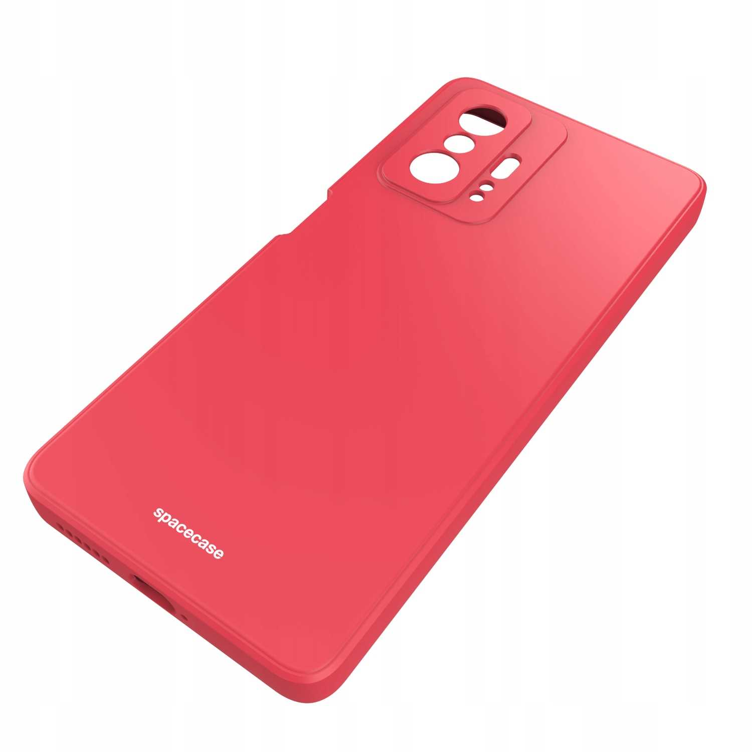 Czerwone etui na telefon z wycięciami na aparat i logo „spacecase”, ustawione pod kątem na białej powierzchni.