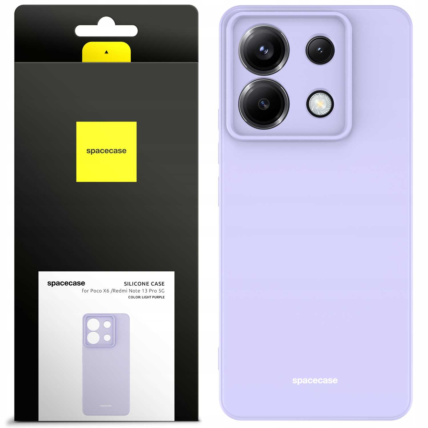 Jasnofioletowa obudowa telefonu obok opakowania, oba z marką „spacecase”.