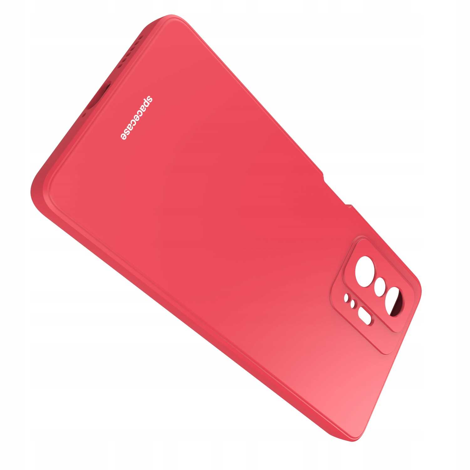 Czerwone etui na telefon z wycięciami na aparat i logo „spacecase”, ustawione pod kątem na białej powierzchni.