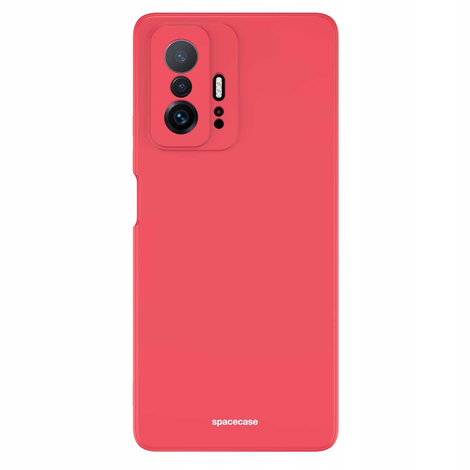 Czerwone etui na telefon z wycięciami na aparat i logo „spacecase” wyśrodkowanym u dołu, na białym tle.