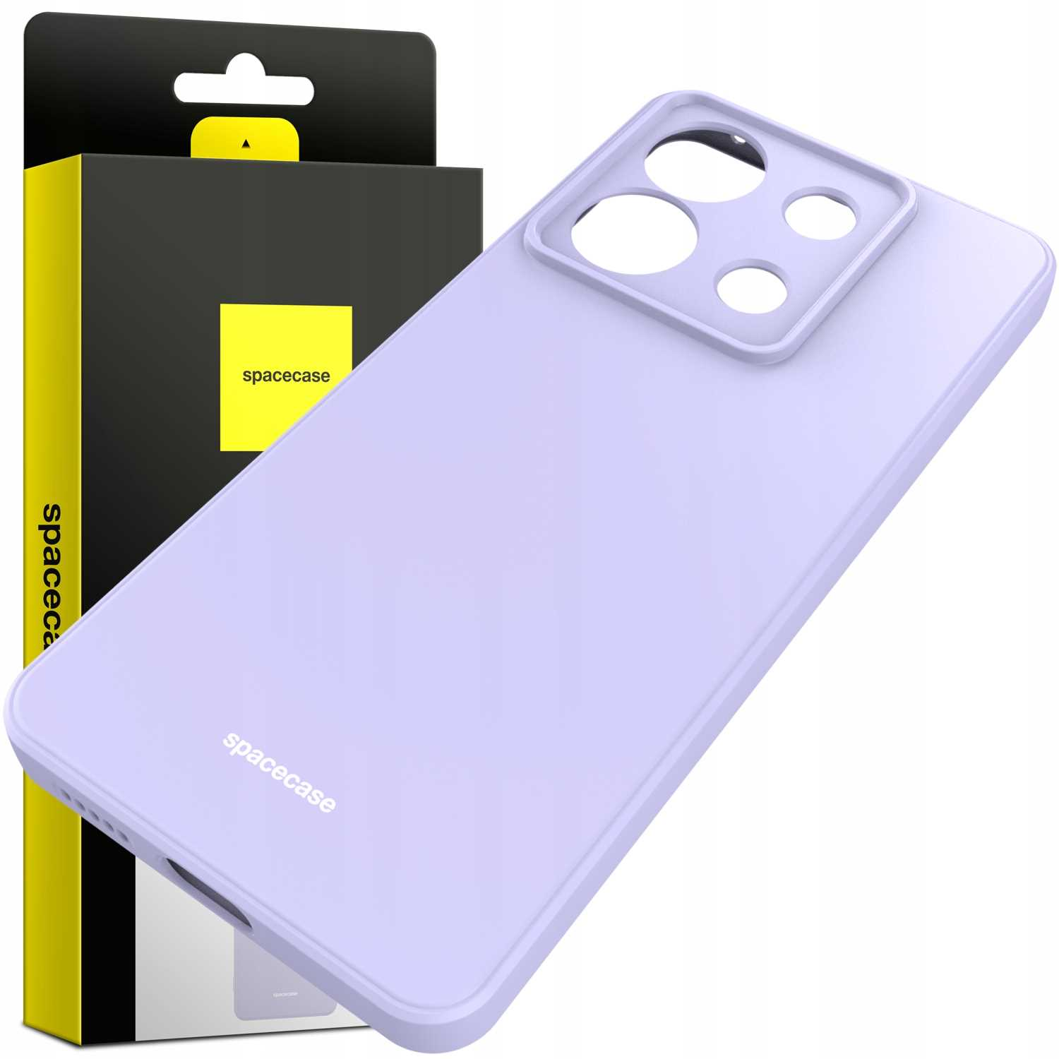 Jasnofioletowe etui na telefon obok opakowania, z wycięciem na aparat i brandingiem 'spacecase'.