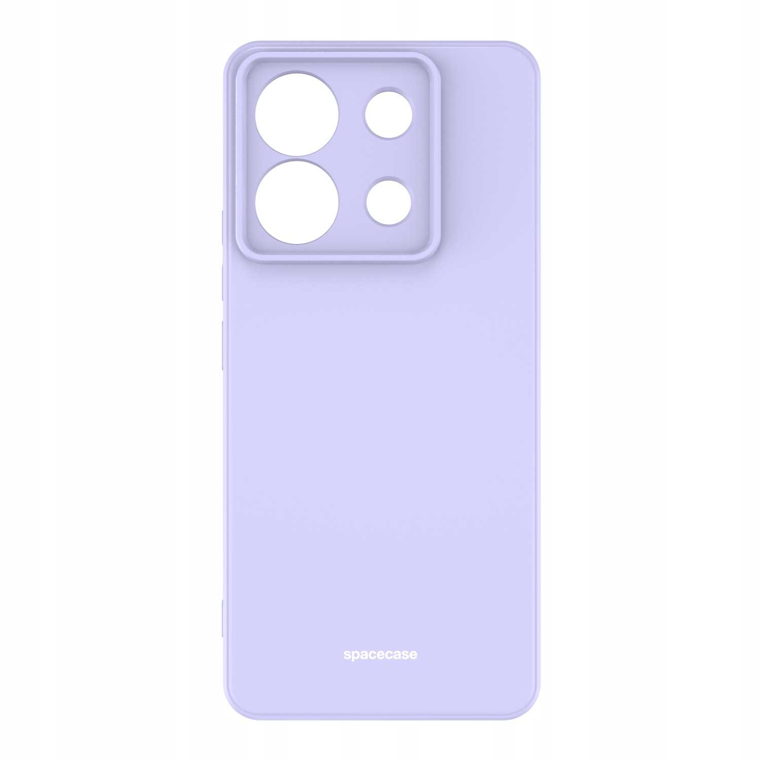 Jasnofioletowe etui na telefon z kwadratowym wycięciem na aparat, zorientowane pionowo i brandingiem 'spacecase'.