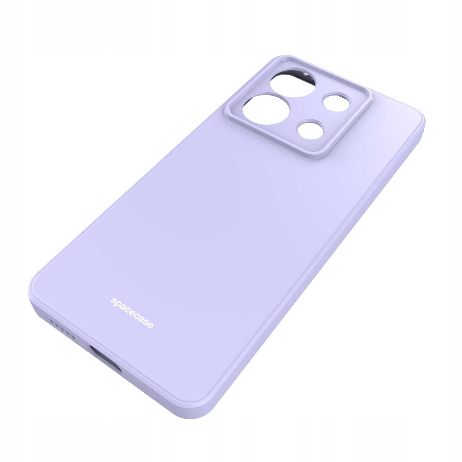 Jasnofioletowe etui na telefon ustawione pod kątem w prawo, z wycięciem na aparat i brandingiem 'spacecase'.