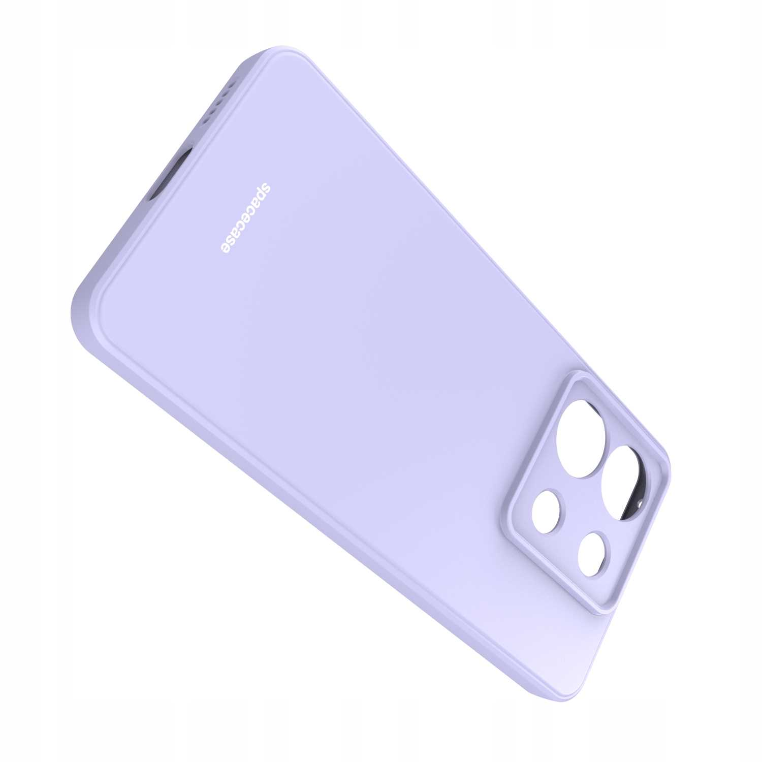 Jasnofioletowe etui na telefon ustawione pod kątem, pokazujące wycięcie na aparat i markę 'spacecase' na białej powierzchni.