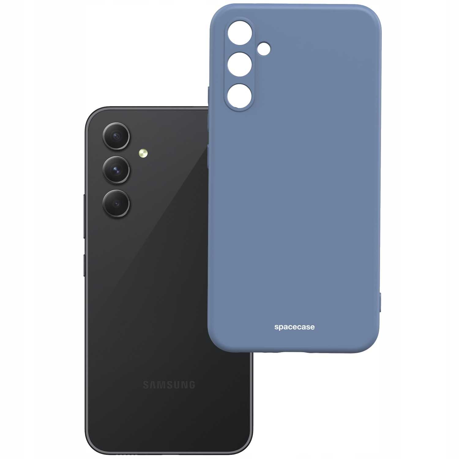 Niebieskie silikonowe etui na telefon obok czarnego smartfona, prezentujące wycięcia na obiektywy aparatu i branding 'spacecase'.