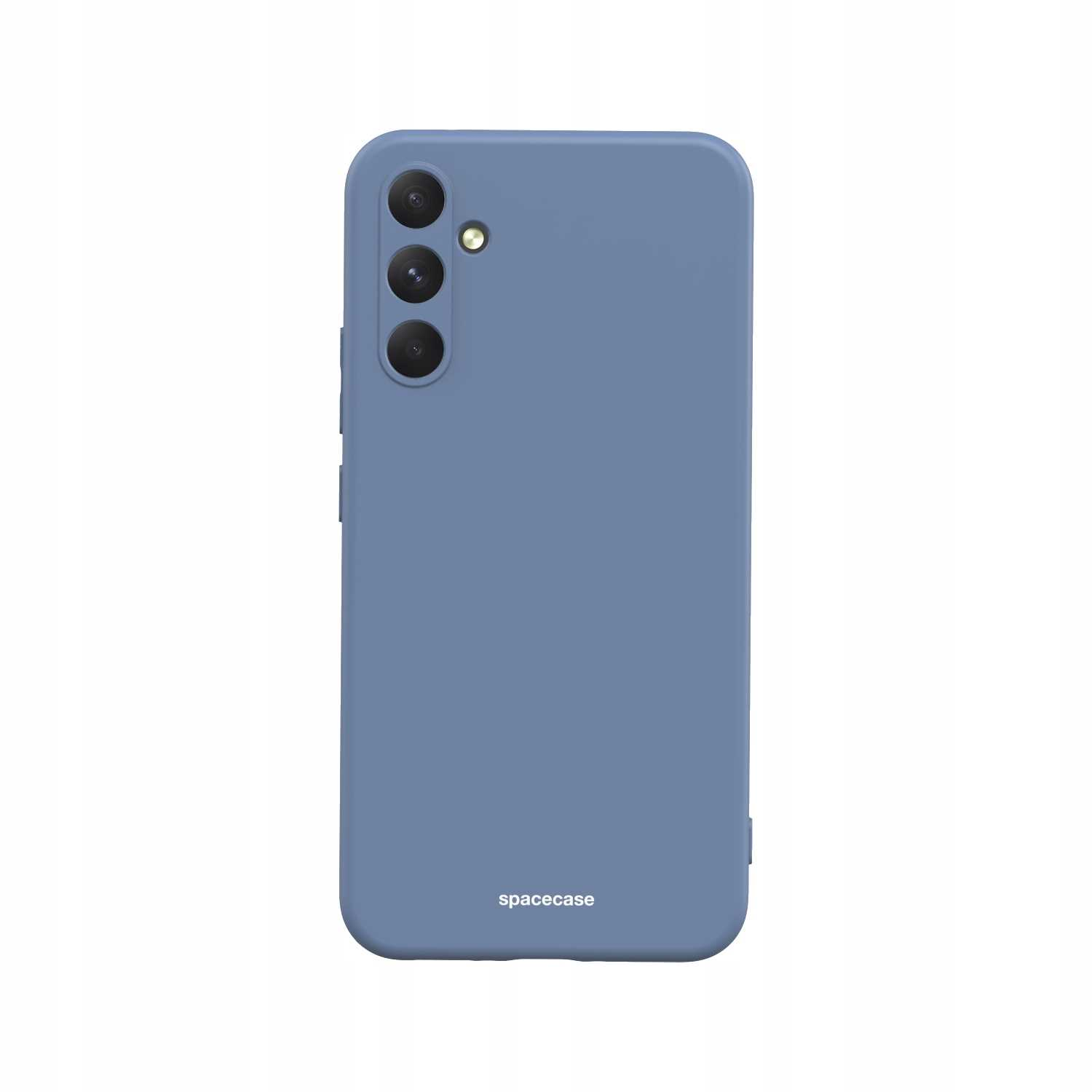 Niebieskie silikonowe etui na telefon, zorientowane pionowo, prezentujące wycięcia na obiektywy aparatu i branding 'spacecase'.