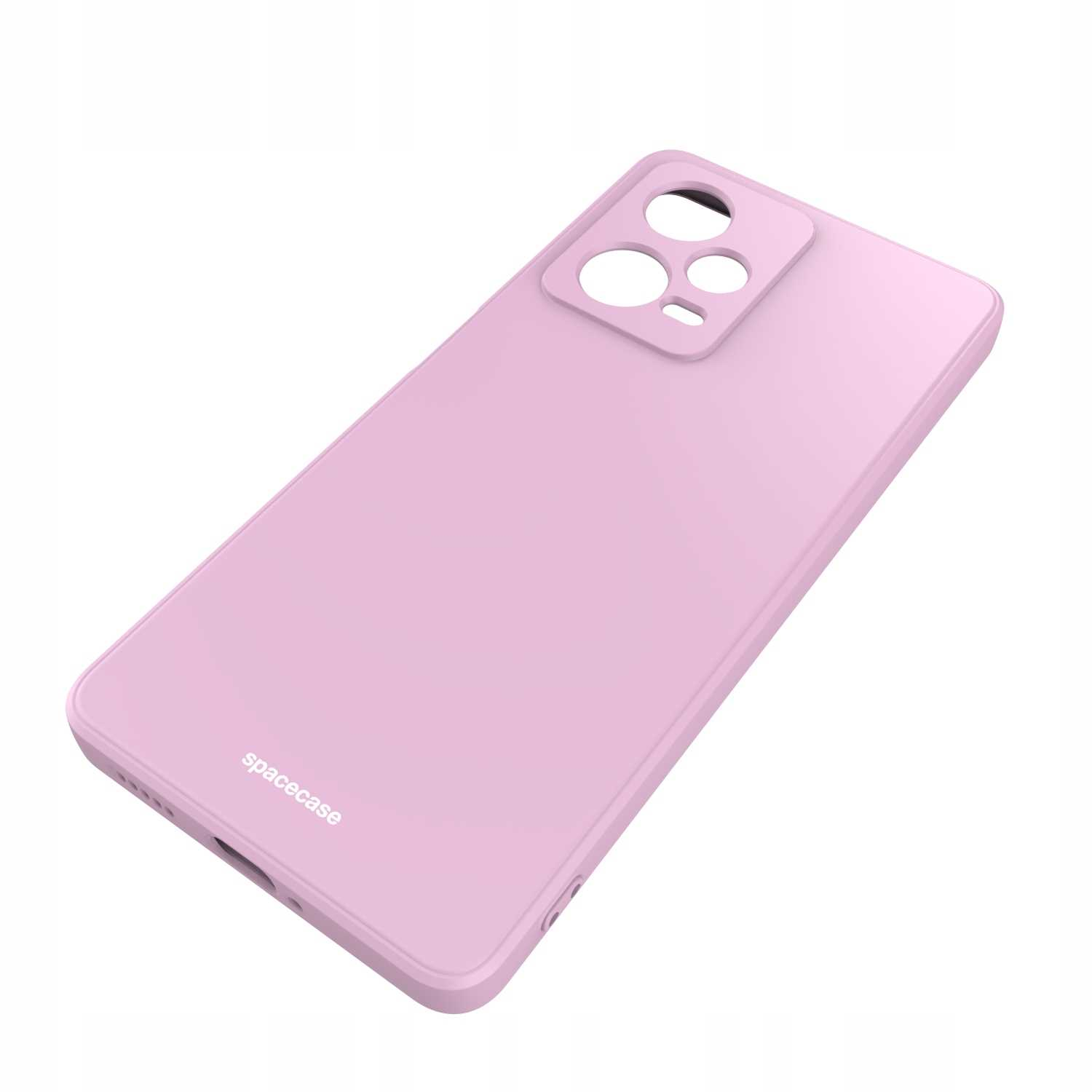 Różowe etui. Pod kątem, z wycięciami na aparat. Logo 'spacecase'.