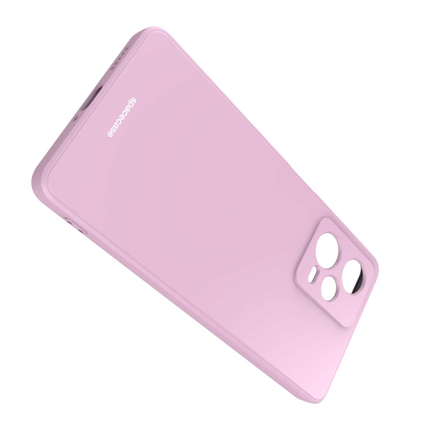 Różowe etui, pod kątem. Logo 'spacecase' na dole. Wycięcia na aparat.