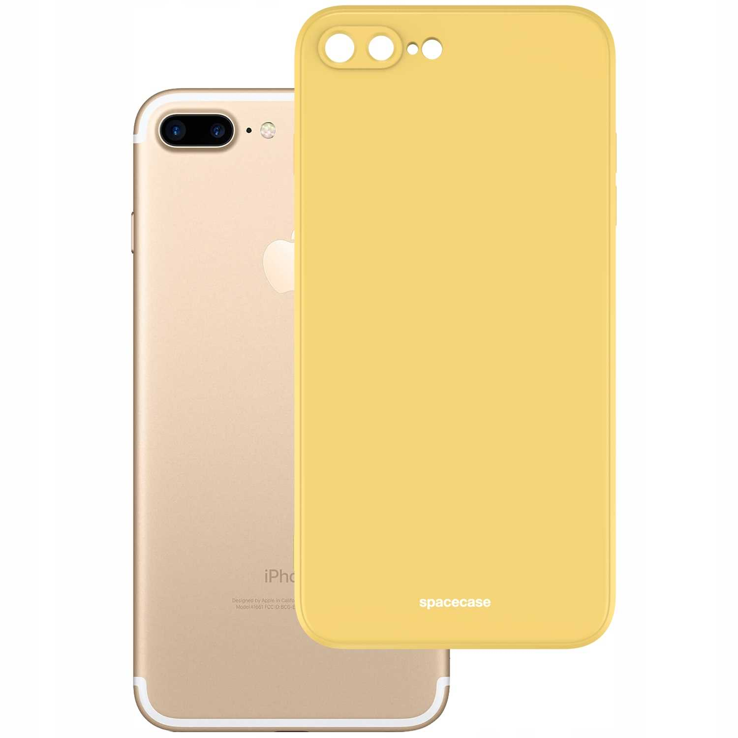 Żółte etui obok złotego iPhone'a. Etui ma logo 'spacecase'.