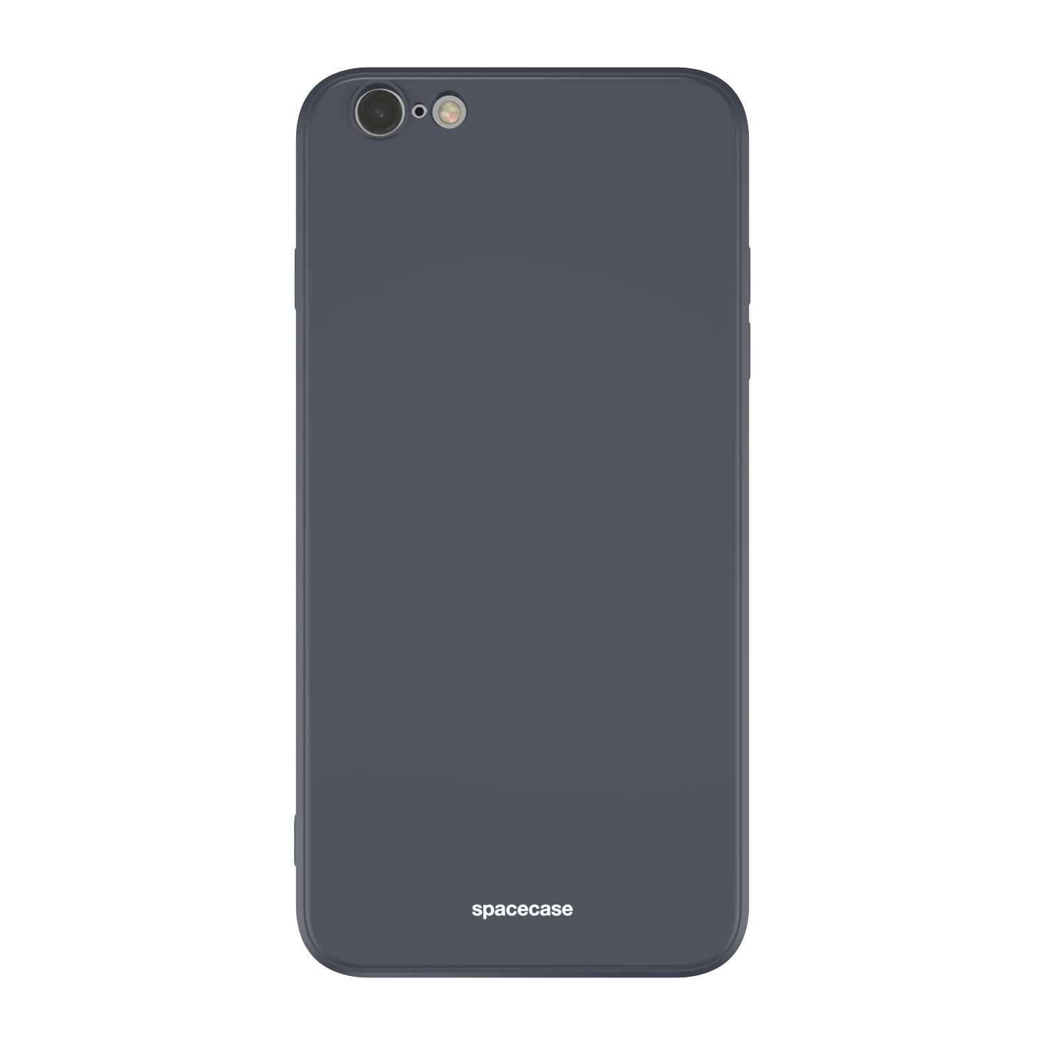 Ciemnoszare etui na telefon z napisem spacecase leżące na białej powierzchni.