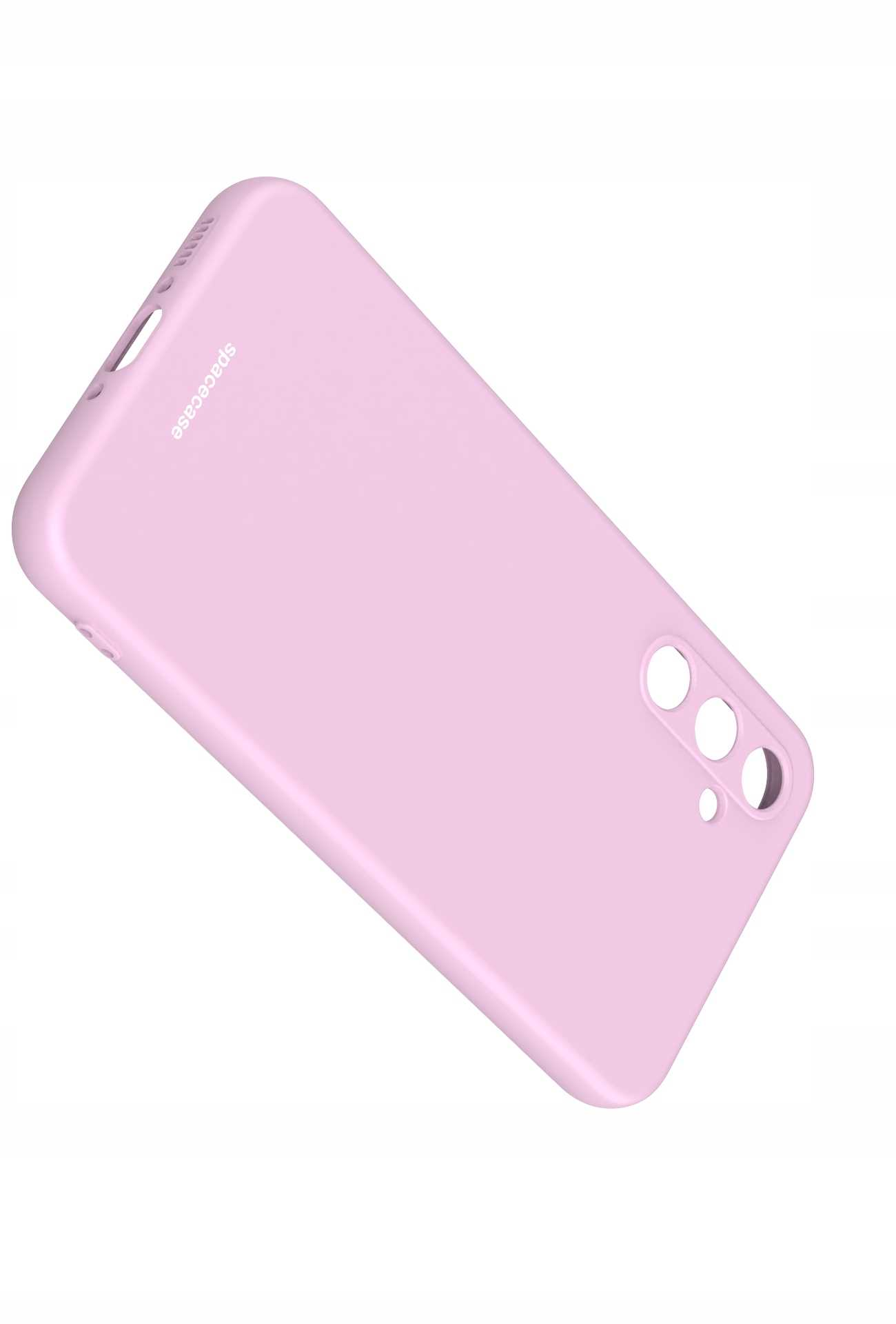 Różowe etui na telefon jest wyświetlane ukośnie na białym tle.