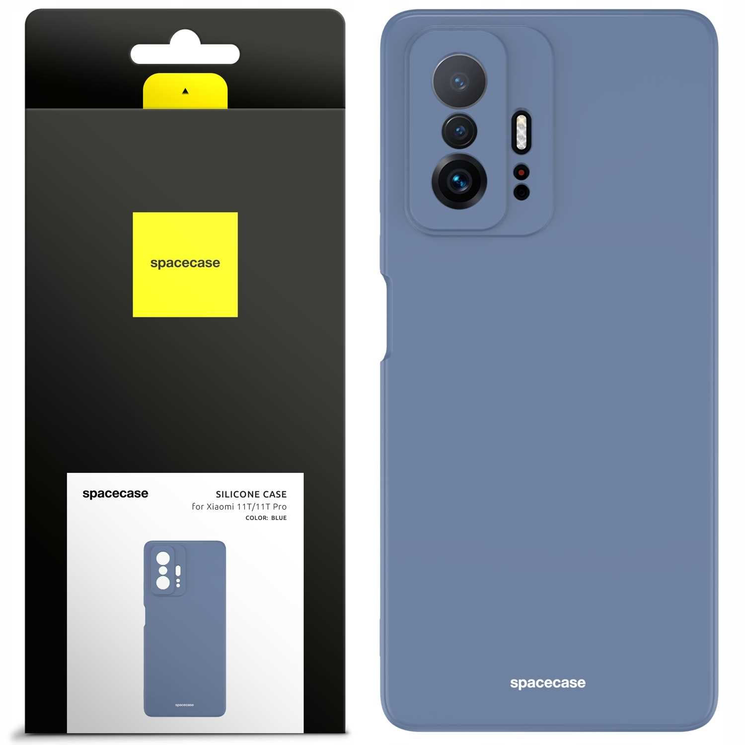 Niebieskie etui na telefon i jego opakowanie, z napisem spacecase na obu.