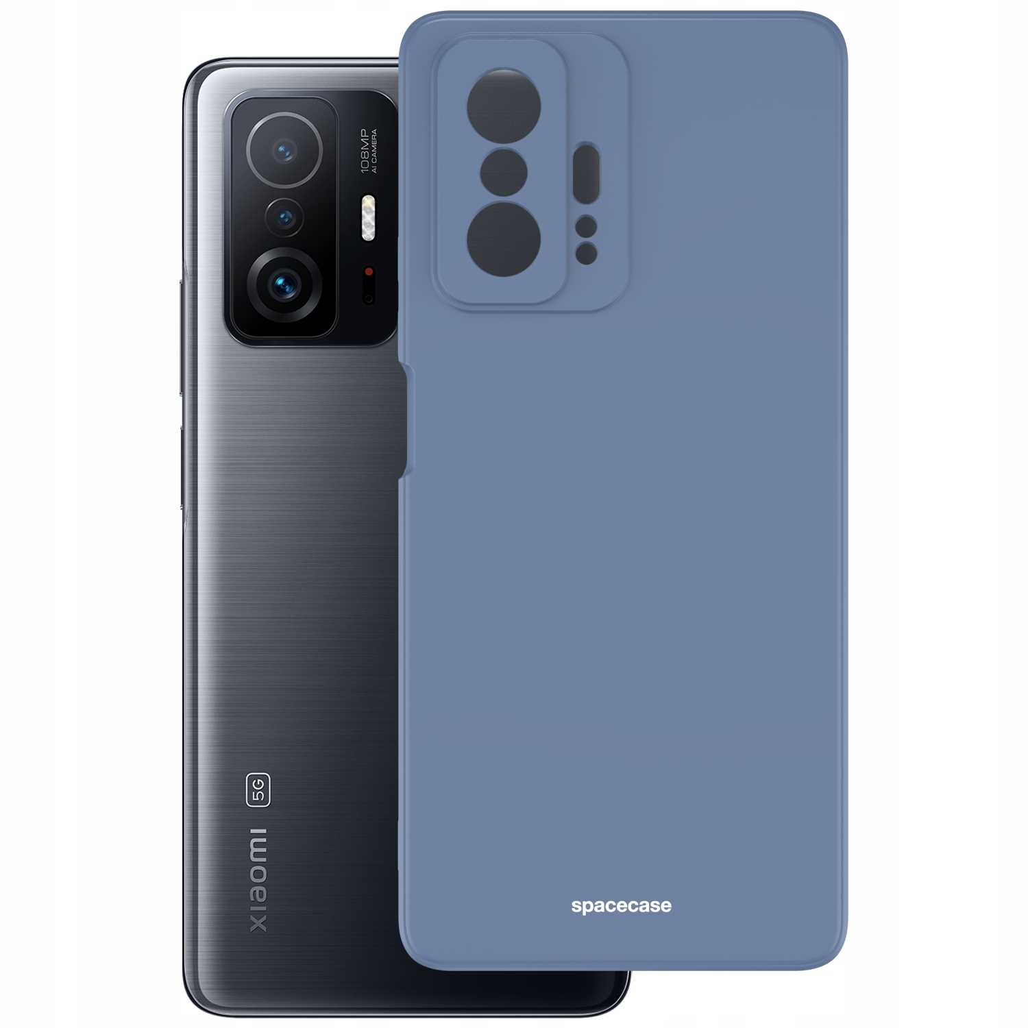 Niebieskie etui na telefon obok telefonu Xiaomi, pokazujące aparat i inne funkcje.