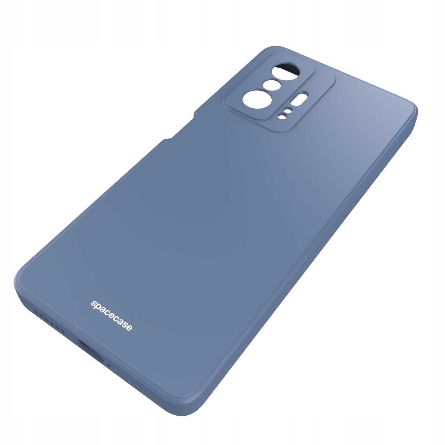 Niebieskie etui na telefon z logo 'spacecase', pokazujące aparat i inne funkcje.