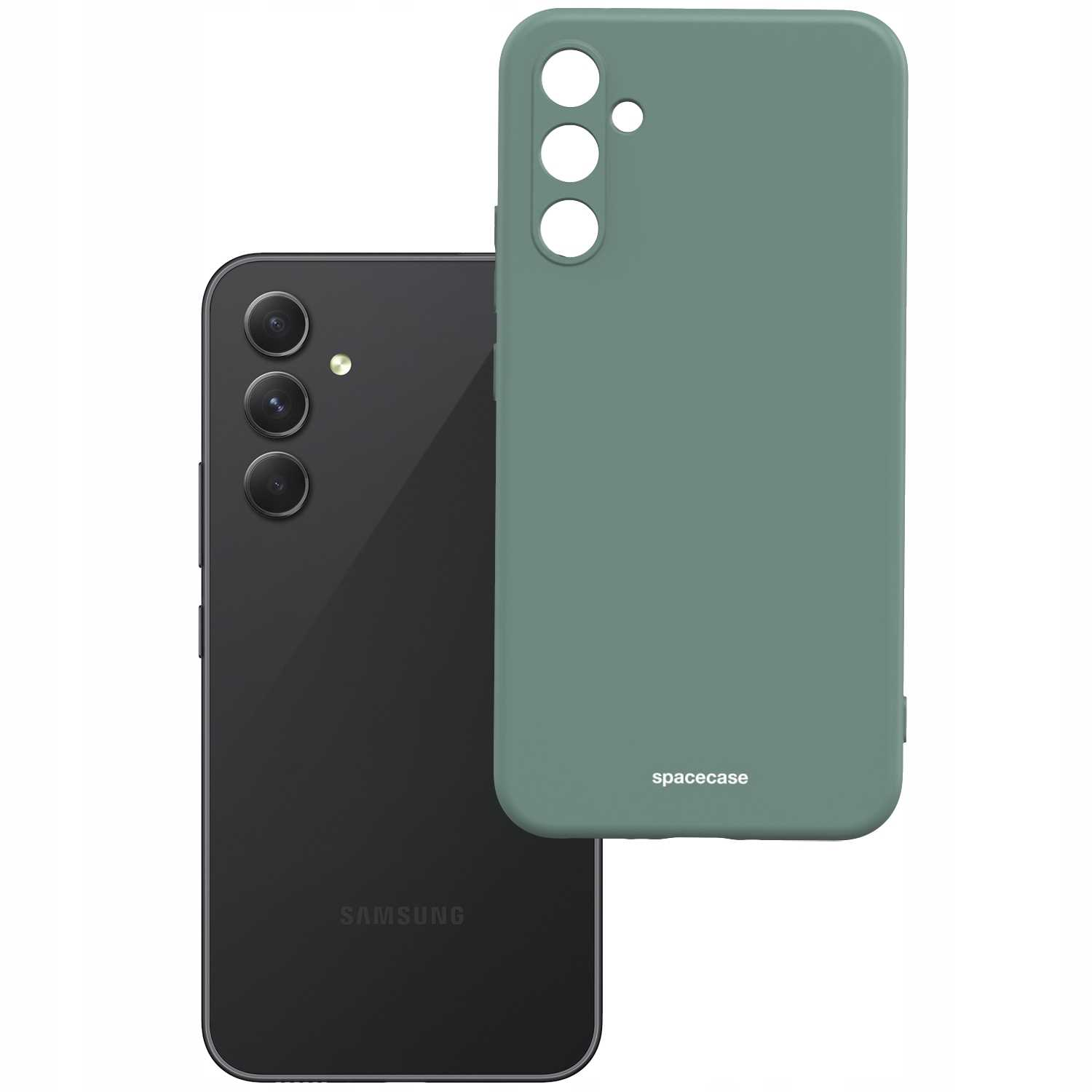 Czarny smartfon i ciemnozielone etui na telefon są wyświetlane na białym tle.