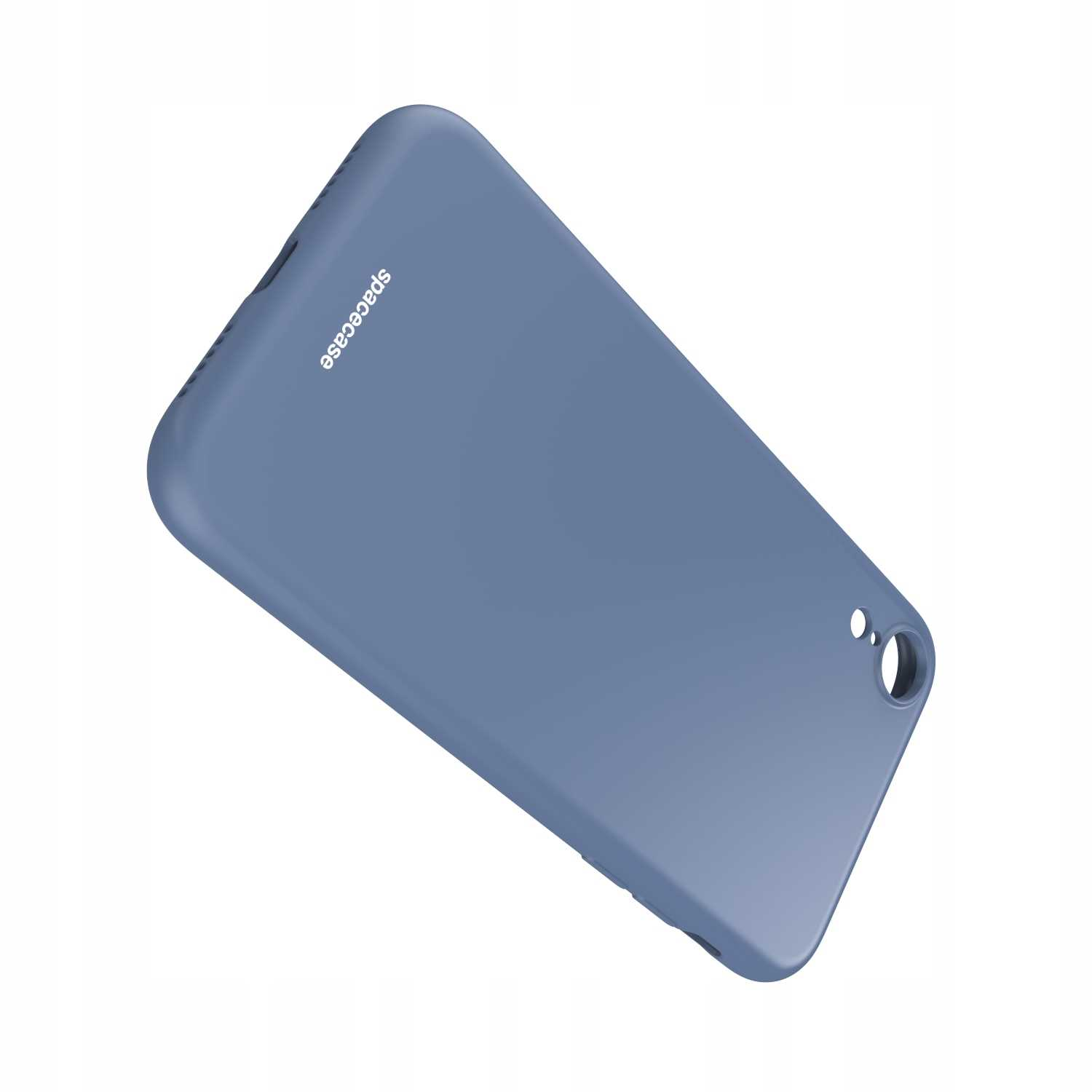 Ukośny widok niebieskiego etui na telefon z brandingiem 'spacecase'.