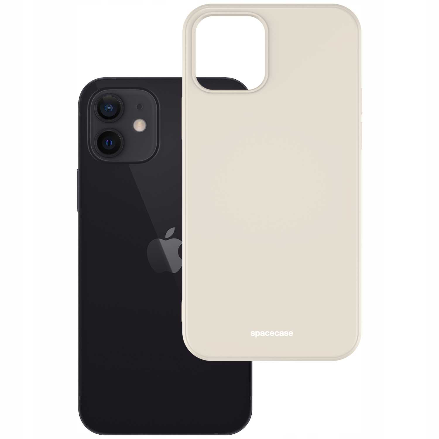 Czarny telefon obok beżowego etui na telefon marki 'spacecase'.