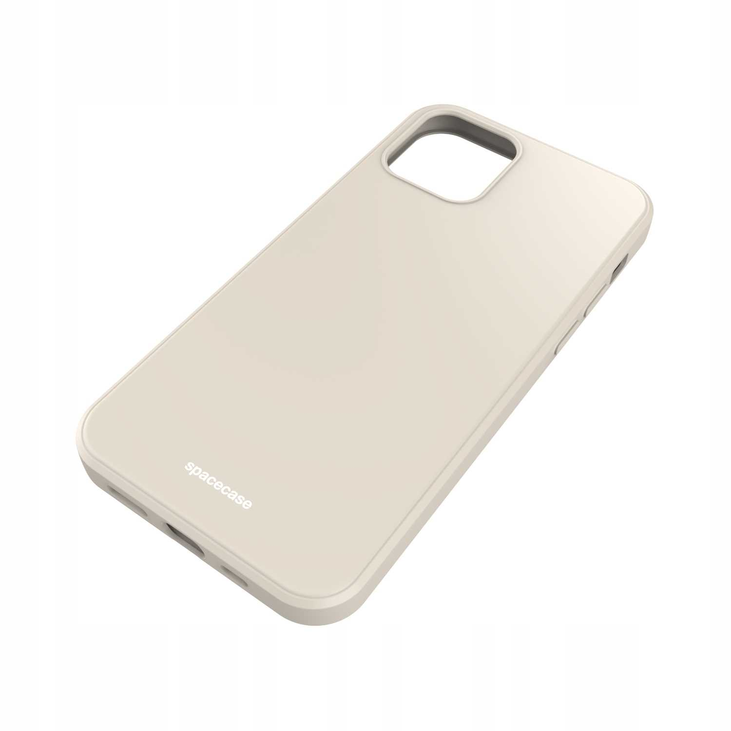 Ukośny widok beżowego etui na telefon z brandingiem 'spacecase' na białym tle.